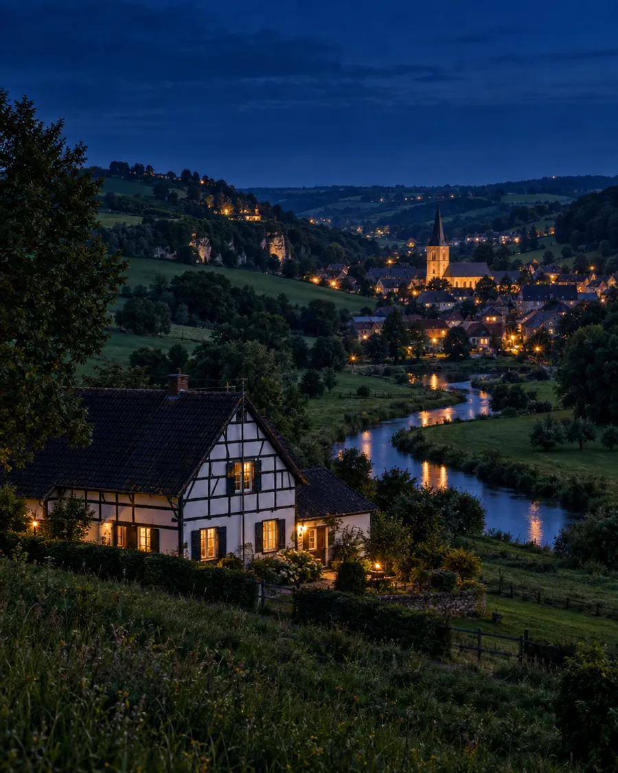 Avond in het Zuid-Limburgse Heuvelland, met een verlichte vakwerkboerderij en een dorp in het dal